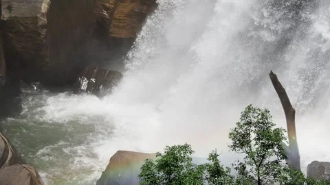 Powerful waterfall creating a rainbow in a tropical forest 動画素材 337767513