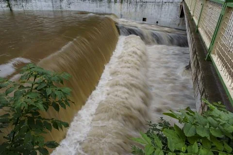 Powerful Waterfall Dam Structure Stock Photos