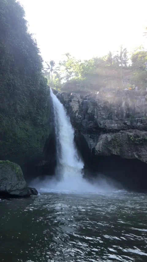 Powerful waterfall falling from cliff with mist tropical nature landscape Bali Vídeo Stock 332692775