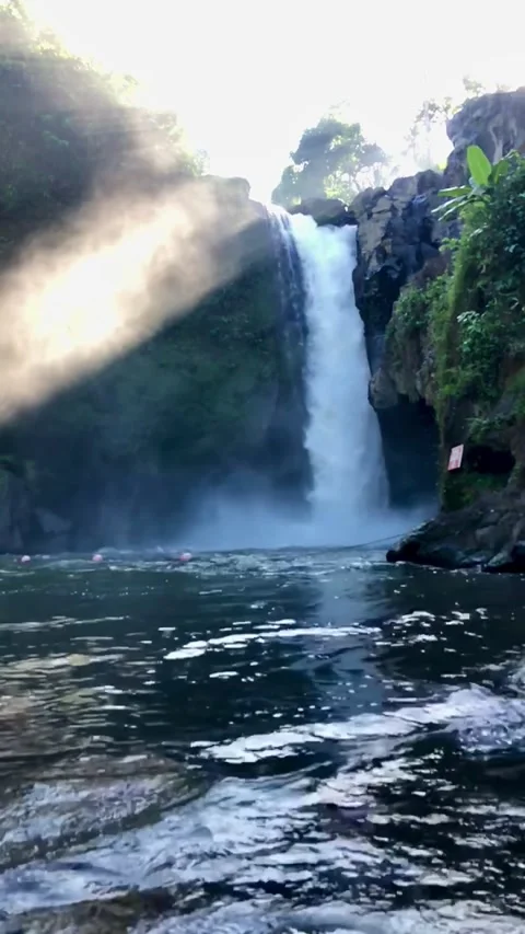 Powerful waterfall falling from cliff with mist tropical nature landscape Bali 스톡 동영상 332692900