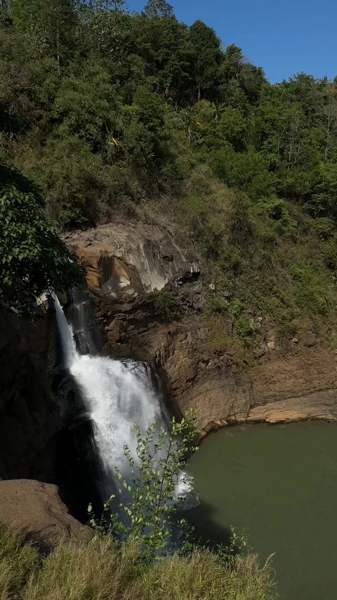 Powerful Waterfall Flowing into River, Lush Forest Mountains, Panning Vertical W Stock Footage 324772251