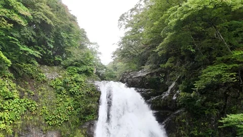 Powerful Waterfall Low Angle | Akiu Japan - 4K Aerial Video Stock Footage 329052476