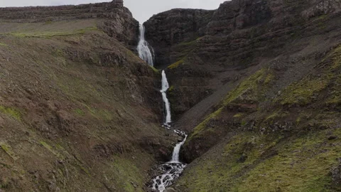 Powerful Waterfall Multi Tier Canyon, Mossy Cliffs, Aerial Drone View Stock Footage 335587740