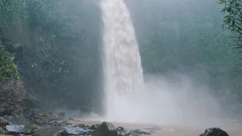 Powerful waterfall that overthrew the water, deep in the jungle during the rainy Stock Footage 88338403