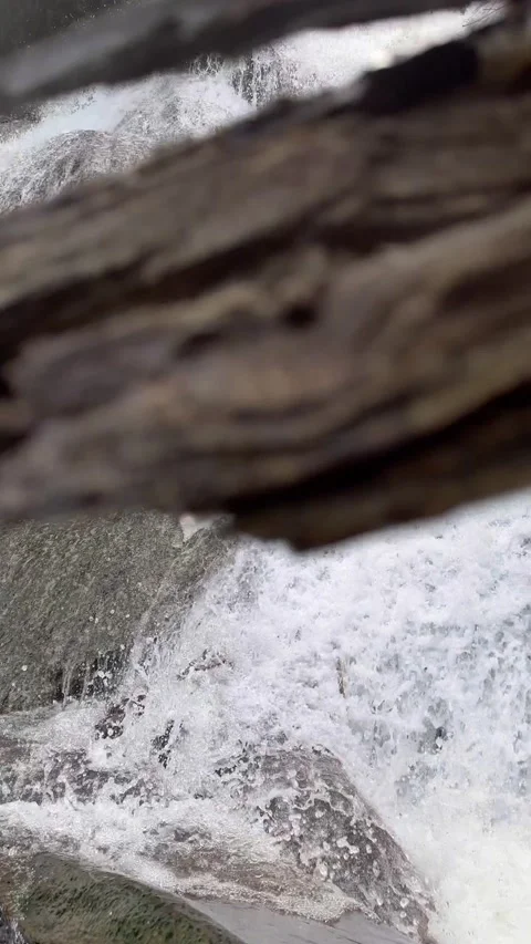 Powerful Waterfall Rushing Down Rocks, Lush Jungle, Vertical Shot Stock Footage 325304161