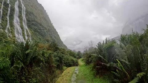 Powerful waterfalls cascading down the cliffs on the Milford Track in Fiord.. Stock Footage 295247561