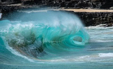 Powerful Waves captured on Sandy Beach in Honolulu 写真素材