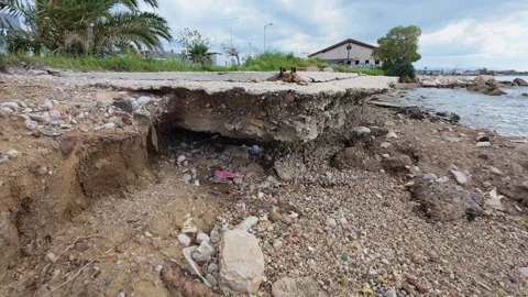 Powerful Waves Destroy Beach House Leaving Concrete Foundation Video stock 306313800