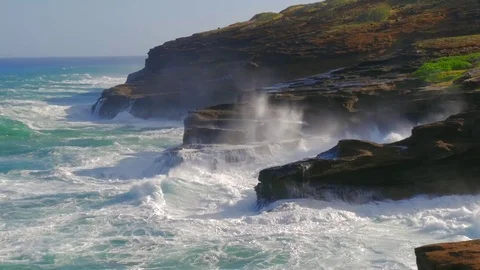 Powerful waves of ocean hitting cliff Lanai Lookout East Oahu, Hawaii Stock Footage 71837275