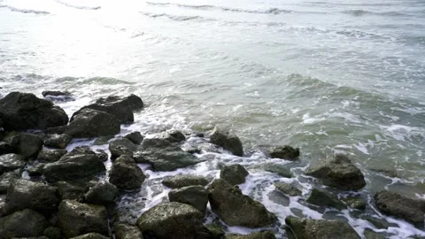 Powerful waves of the  Ocean. Waves and rocks of the  Ocean. Beautiful seascape. Stock Footage 313651099