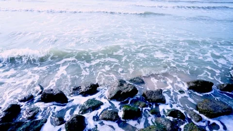 Powerful waves of the  Ocean. Waves and rocks of the  Ocean. Beautiful seascape. Stock Footage 313651242