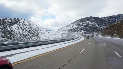 Powerful winter storm snow covered mountains driving on I-5 freeway near Gr.. Stock Footage 234150707