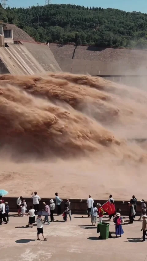 Powerful Yellow River Xiaolangdi Dam Sediment Discharge Operation China Stock Footage 339200102