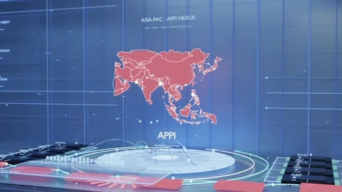 Powering hologram platform at control wall, red marker expanding into APAC map, Stock Footage 337547933