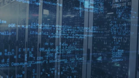 Powering server cabinets starting code overlay scrolling, showing init and queue Stock Footage 312116166