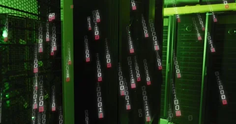 On powering server rack binary rain cascading among green LEDs for visualizing Видео 318143391