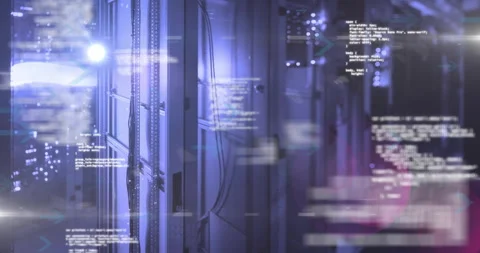 Powering server rack glowing blue-purple, code sliding and arrows drifting, Stock Footage 309894104