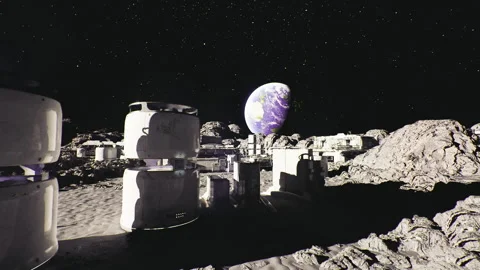 Powering space station modules with extensive solar panel infrastructure Stock Footage 335593940