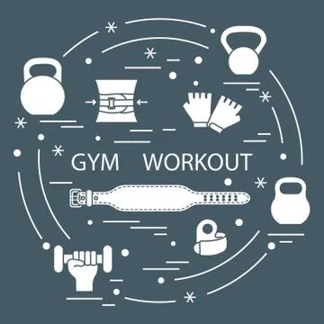 Powerlifting gym workout elements arranged in a circle. イラスト素材