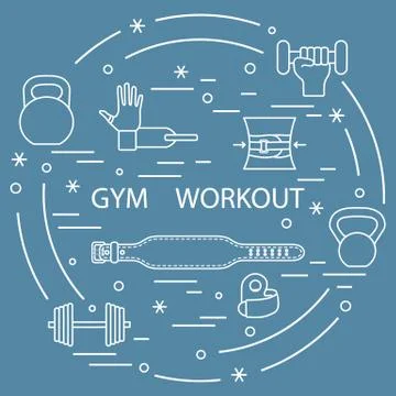 Powerlifting gym workout elements arranged in a circle. Illustrazione stock