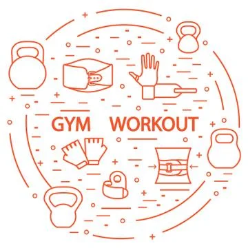 Powerlifting gym workout elements arranged in a circle. Illustrazione stock