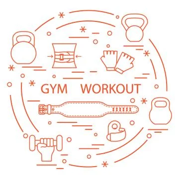 Powerlifting gym workout elements arranged in a circle. イラスト素材