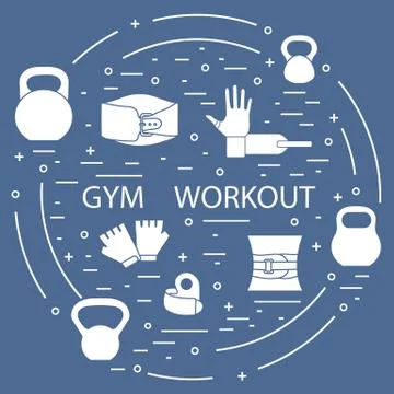 Powerlifting gym workout elements arranged in a circle. Illustrazione stock