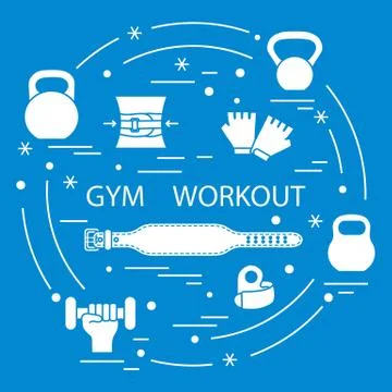 Powerlifting gym workout elements arranged in a circle. Illustrazione stock
