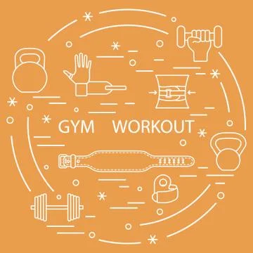 Powerlifting gym workout elements arranged in a circle. Illustrazione stock
