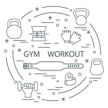 Powerlifting gym workout elements arranged in a circle. Illustrazione stock