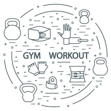 Powerlifting gym workout elements arranged in a circle. Illustrazione stock
