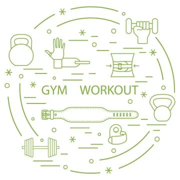 Powerlifting gym workout elements arranged in a circle. Stock Illustration