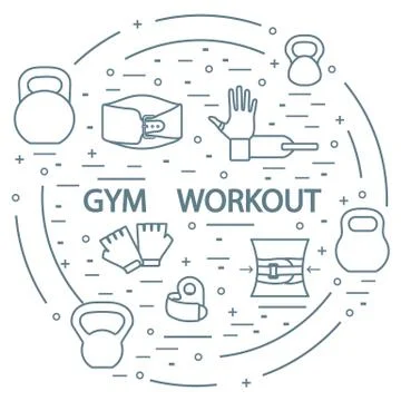 Powerlifting gym workout elements arranged in a circle. イラスト素材