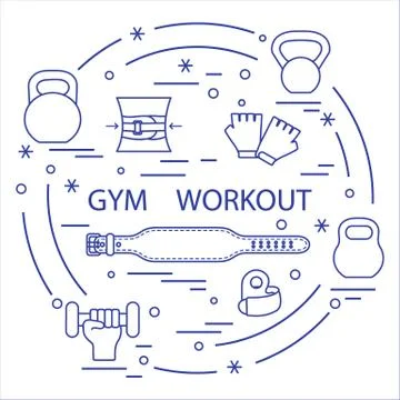 Powerlifting gym workout elements arranged in a circle. イラスト素材