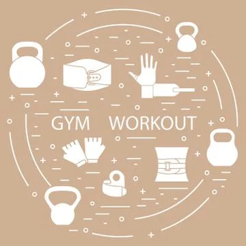 Powerlifting gym workout elements arranged in a circle. Illustrazione stock