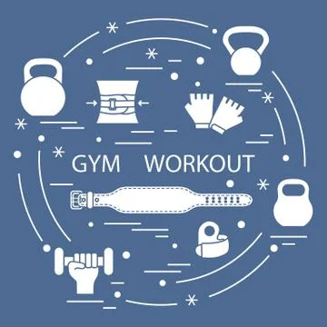 Powerlifting gym workout elements arranged in a circle. Stockillustratie