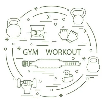Powerlifting gym workout elements arranged in a circle. Illustrazione stock