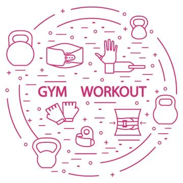 Powerlifting gym workout elements arranged in a circle. Stock Illustration