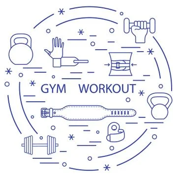 Powerlifting gym workout elements arranged in a circle. Stock Illustration