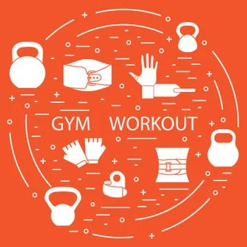 Powerlifting gym workout elements arranged in a circle. Stock Illustration