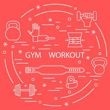 Powerlifting gym workout elements arranged in a circle. Stock Illustration