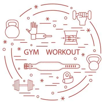 Powerlifting gym workout elements arranged in a circle. イラスト素材