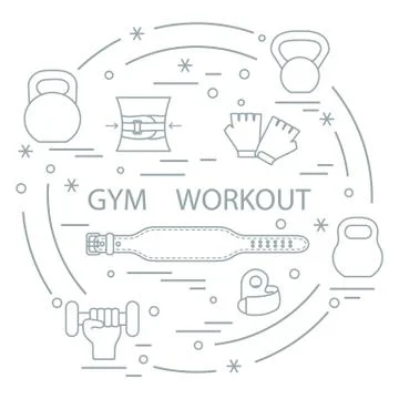 Powerlifting gym workout elements arranged in a circle. Stock Illustration