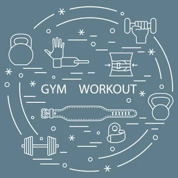 Powerlifting gym workout elements arranged in a circle. イラスト素材