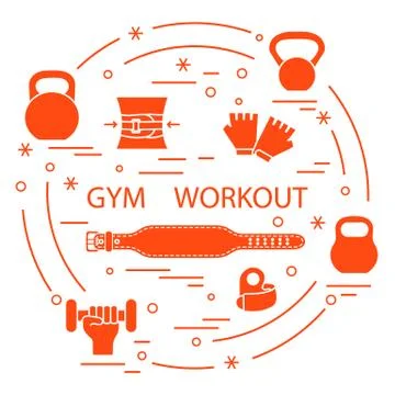 Powerlifting gym workout elements arranged in a circle. Illustrazione stock