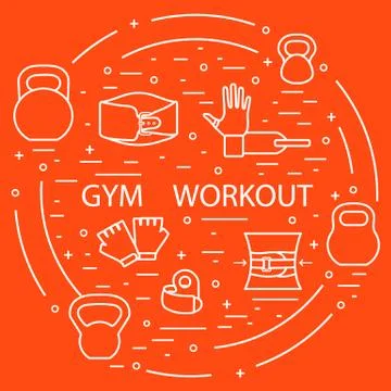 Powerlifting gym workout elements arranged in a circle. イラスト素材