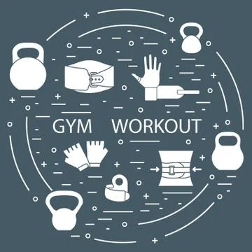 Powerlifting gym workout elements arranged in a circle. イラスト素材