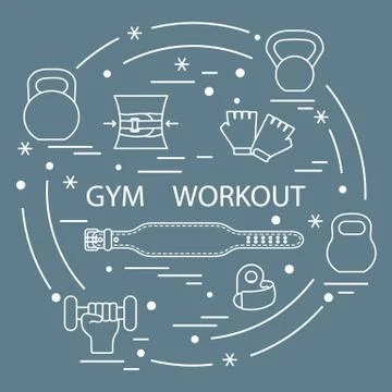 Powerlifting gym workout elements arranged in a circle. Stock Illustration