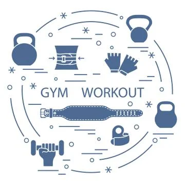 Powerlifting gym workout elements arranged in a circle. イラスト素材