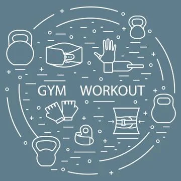 Powerlifting gym workout elements arranged in a circle. Illustrazione stock